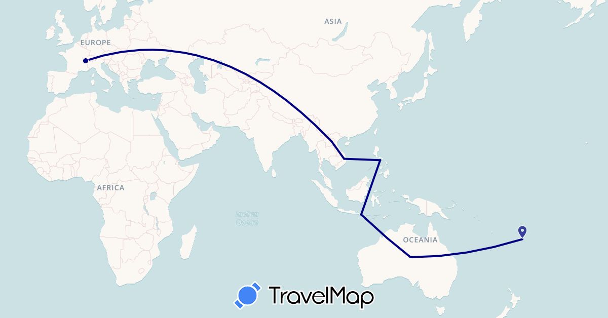 TravelMap itinerary: driving in Australia, Fiji, France, Indonesia, Laos, Philippines, Vietnam (Asia, Europe, Oceania)